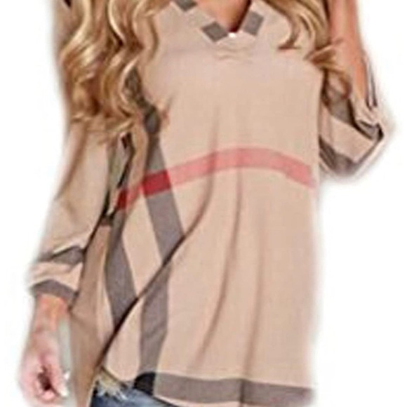 Elevesee 2/3 sleeve plaid V-neck pullover - Picture 4 of 5